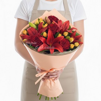 Букет из красных лилий и роз