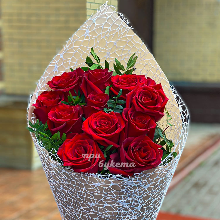 Букет из 11 красных роз с фисташкой (крупный план)