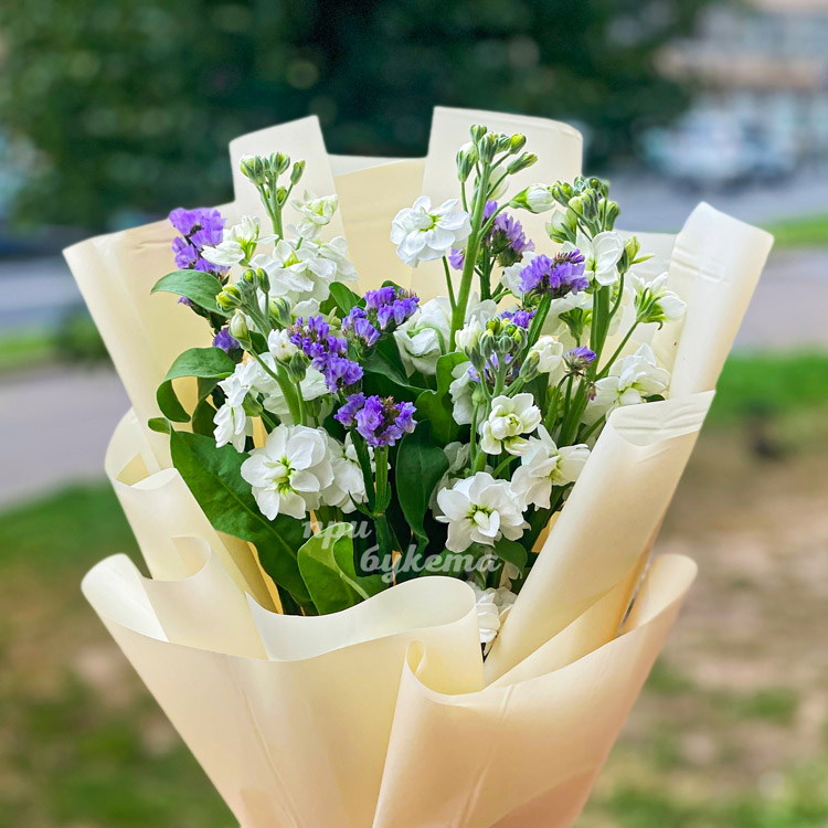 Букет 5 белых маттиол со статицей (крупный план)