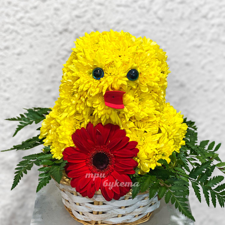 Цыпленок из хризантем в корзине (крупный план)