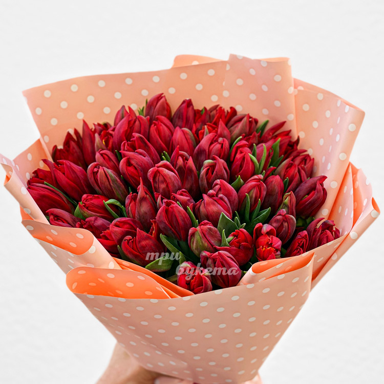 Букет из 51 красного тюльпана (крупный план)